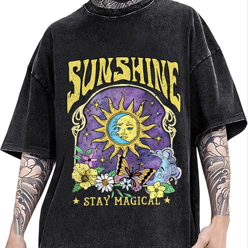 2024Sunshine Humorous Sun Moon Flower Butterfly Print Women