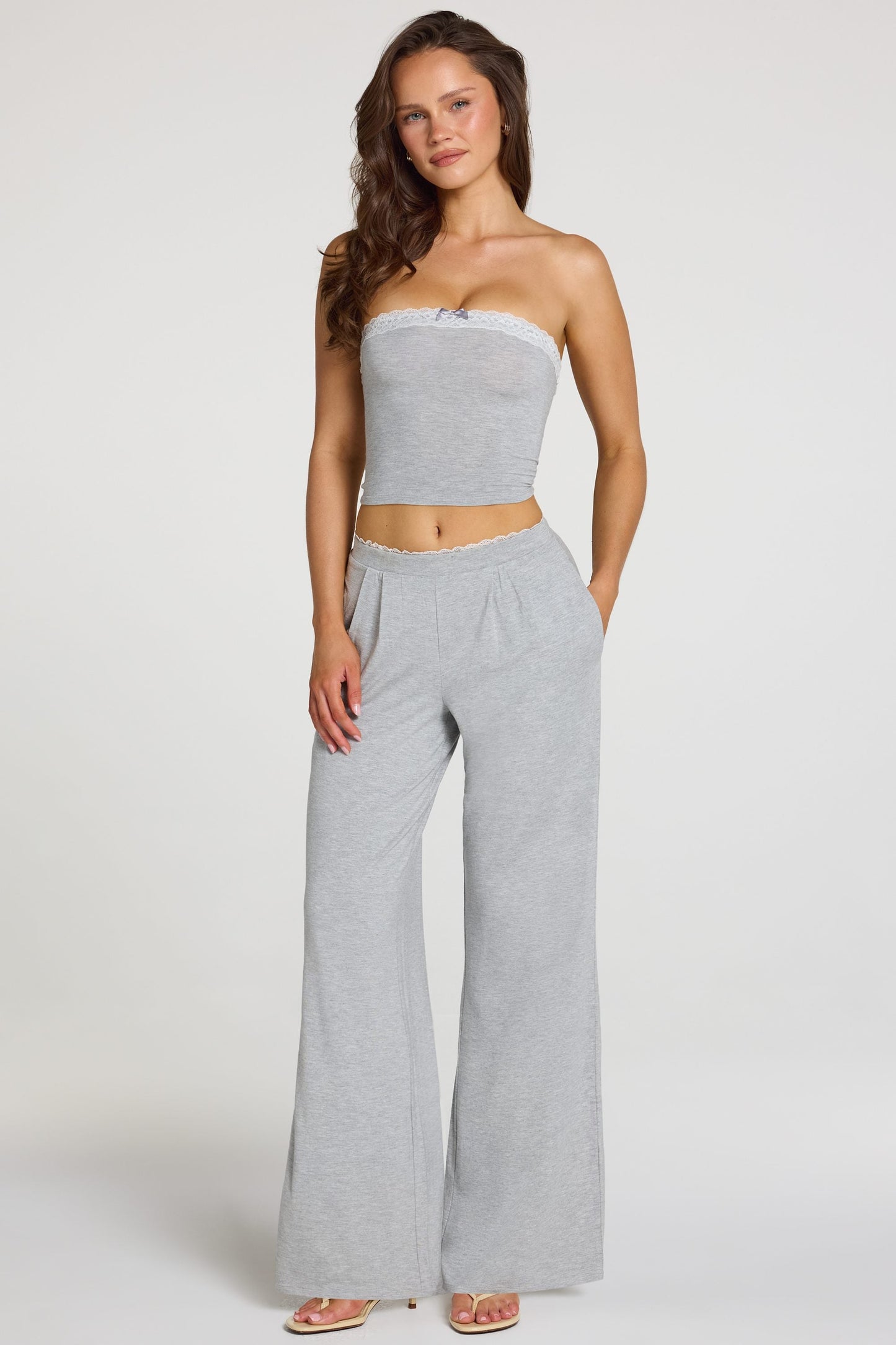 Modal Mid-Rise Wide-Leg Trousers in Grey Marl