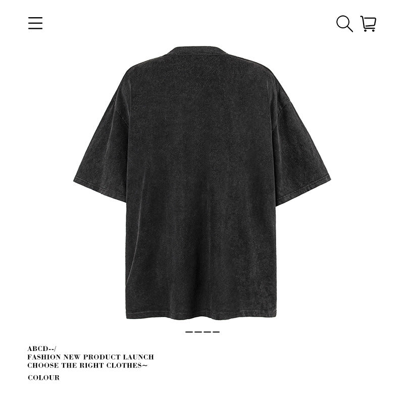 American vintage street T-shirt retro mirror human print men's summer loose half-sleeved shirt