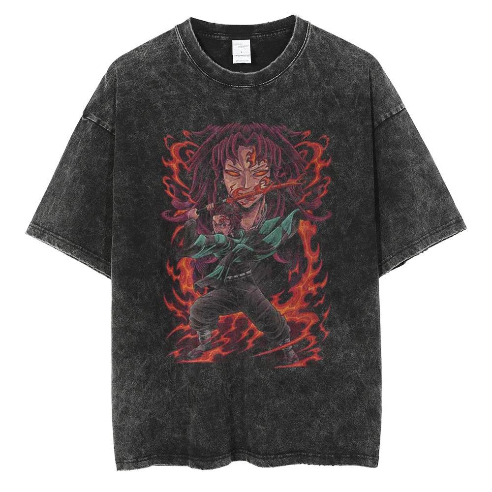 2024Men Vintage Black T Shirt Streetwear Harajuku Anime Print