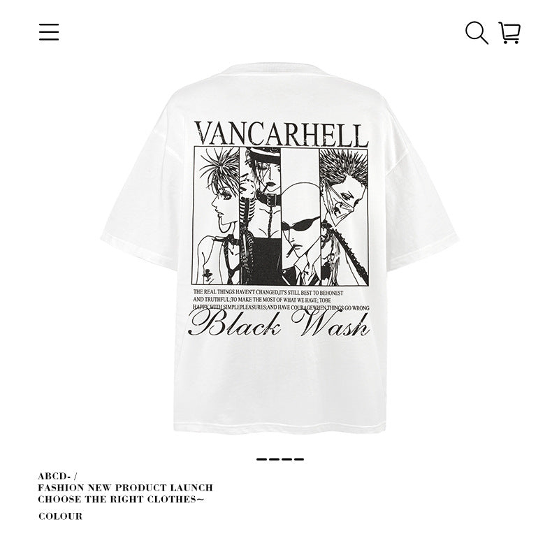 American vintage street T-shirt cotton cartoon character print men and women summer loose