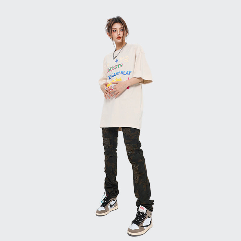 After Prom Shirt Summer T-shirt Fashion Brand Letter Embroidered Crew Neck Short Sleeve T-shirt Men's Loose