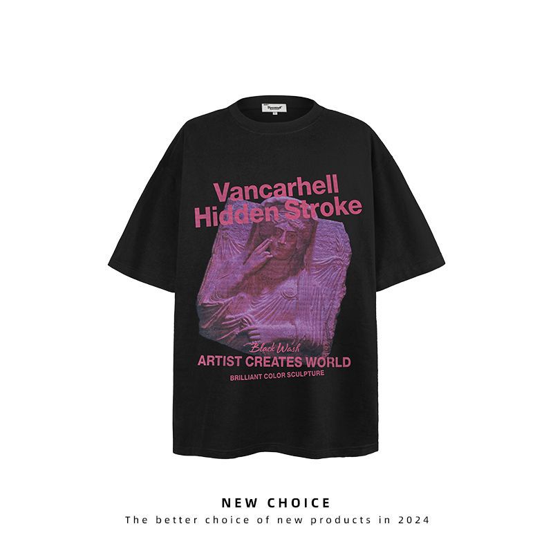 American vintage street T-shirt retro figure statue print men's summer loose half sleeve