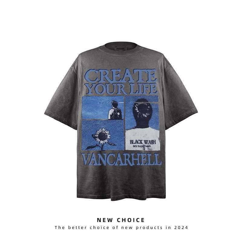 American vintage street T-shirt retro men's summer loose casual half-sleeved shirt
