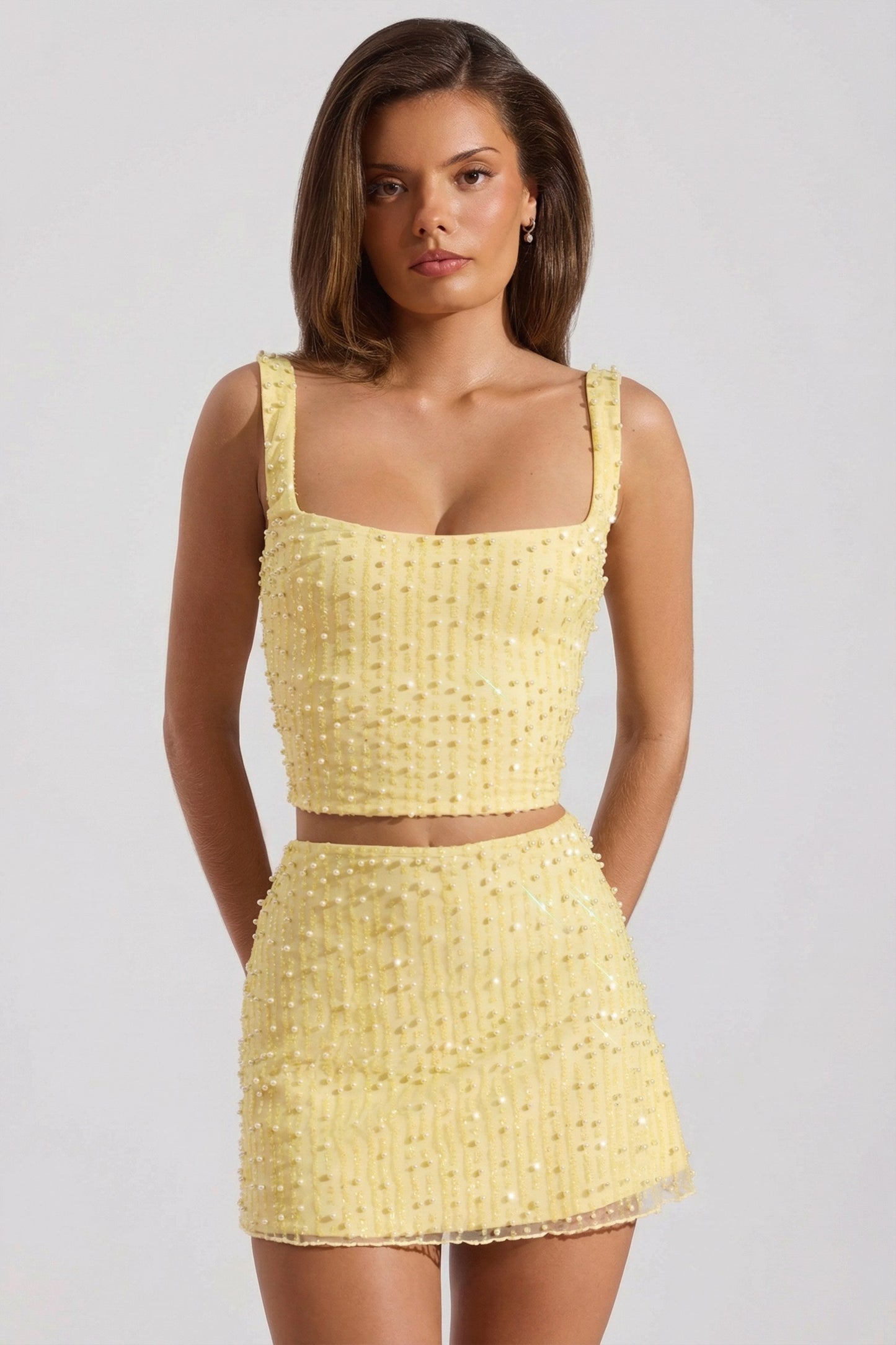 Embellished Low-Rise Mini Skirt in Yellow