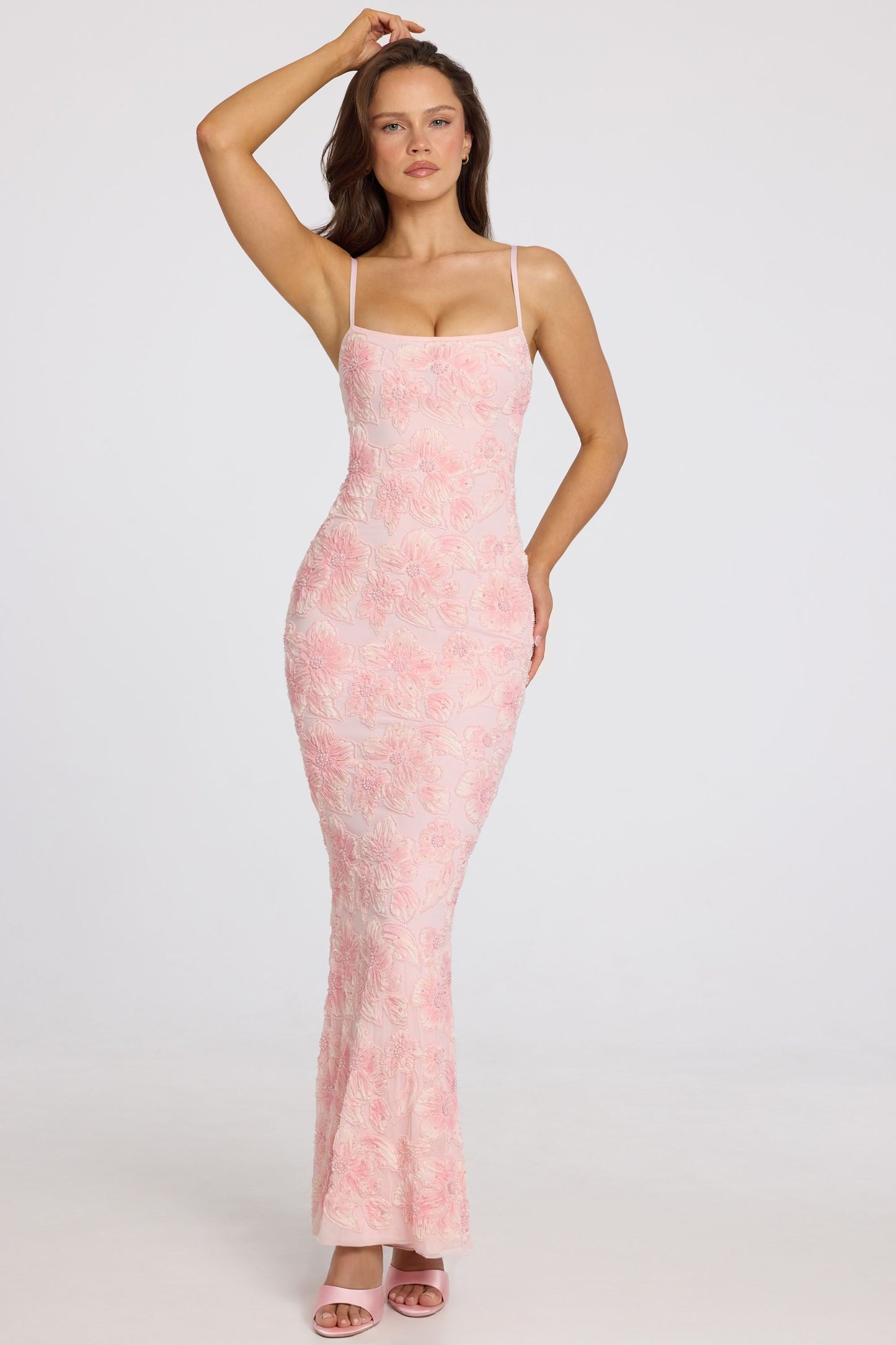 Embellished Square-Neck Maxi Dress in Soft Pink Ombre
