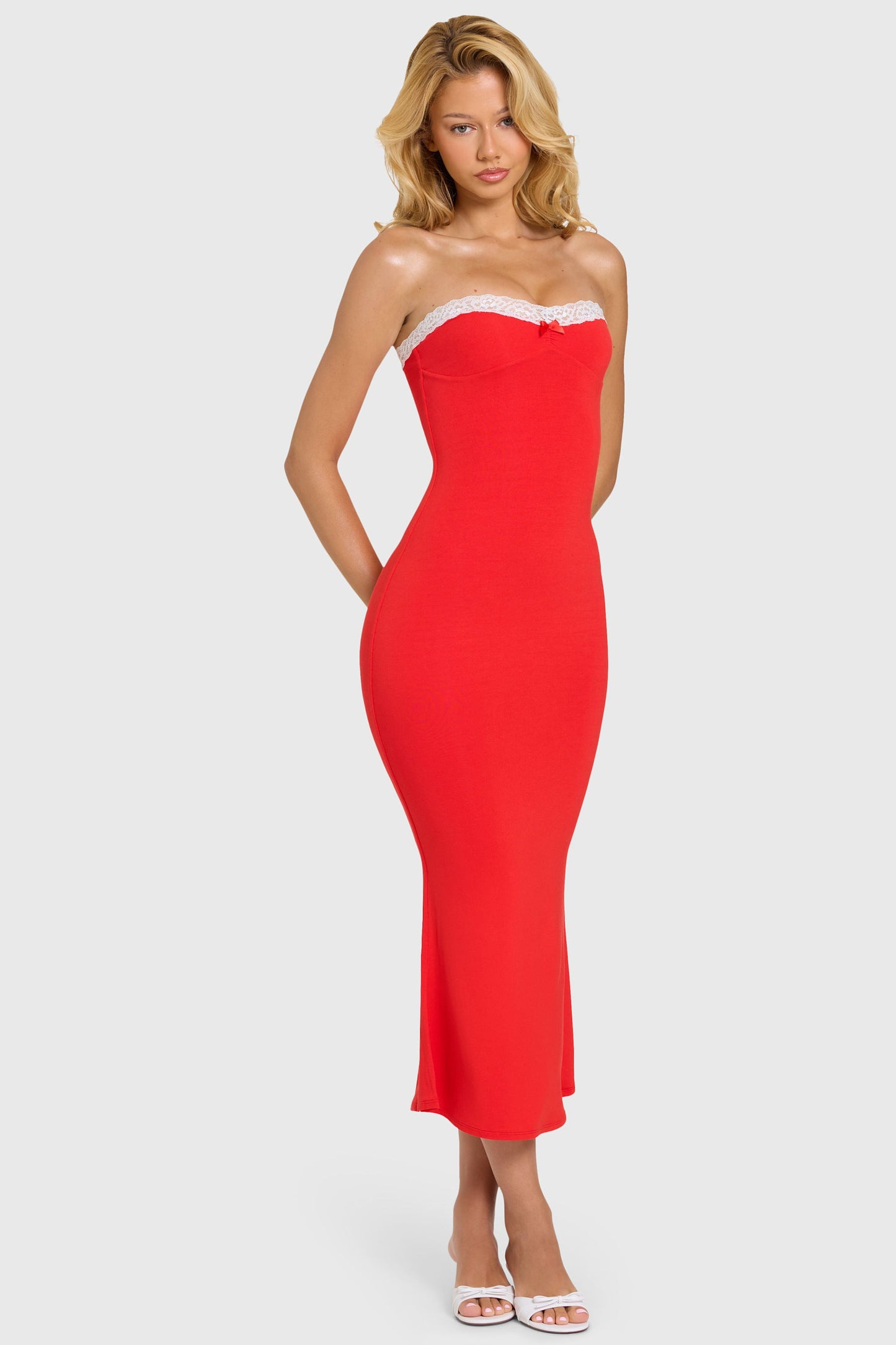 Modal Lace-Trim Midaxi Dress in Cherry