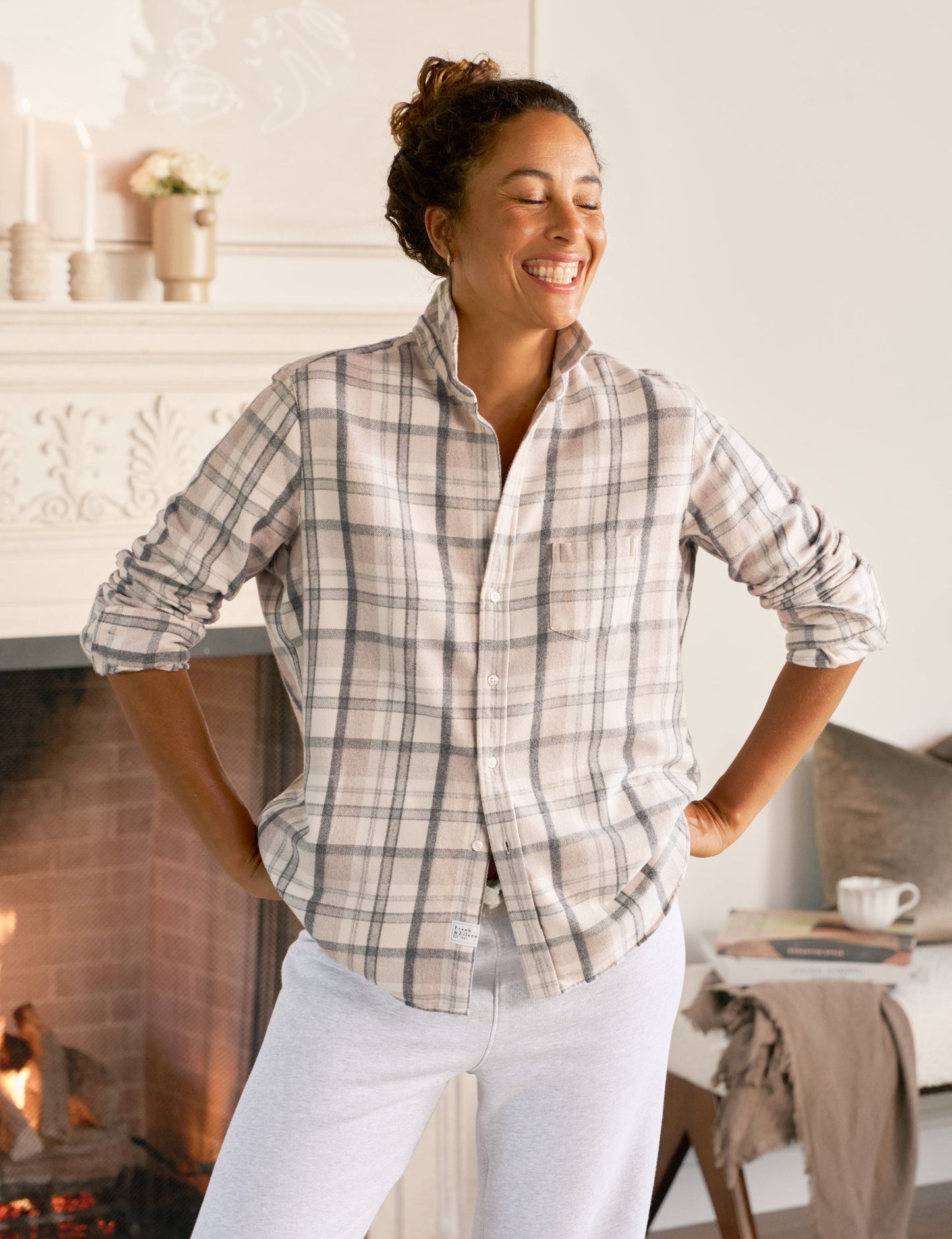 EILEEN Cream and Sand with Gray Plaid, Italian Flannel