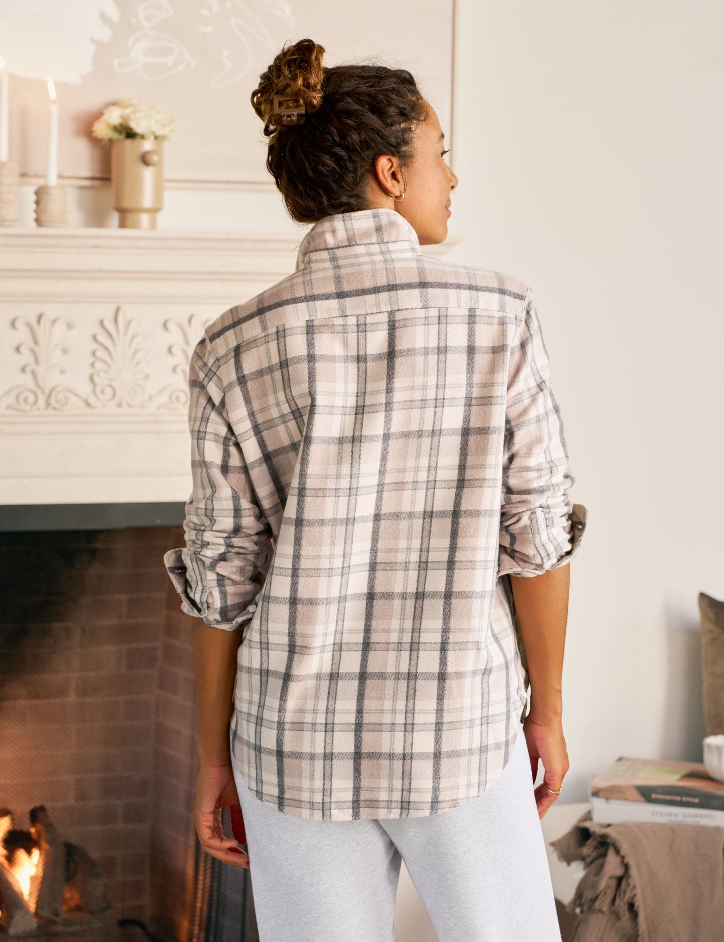 EILEEN Cream and Sand with Gray Plaid, Italian Flannel