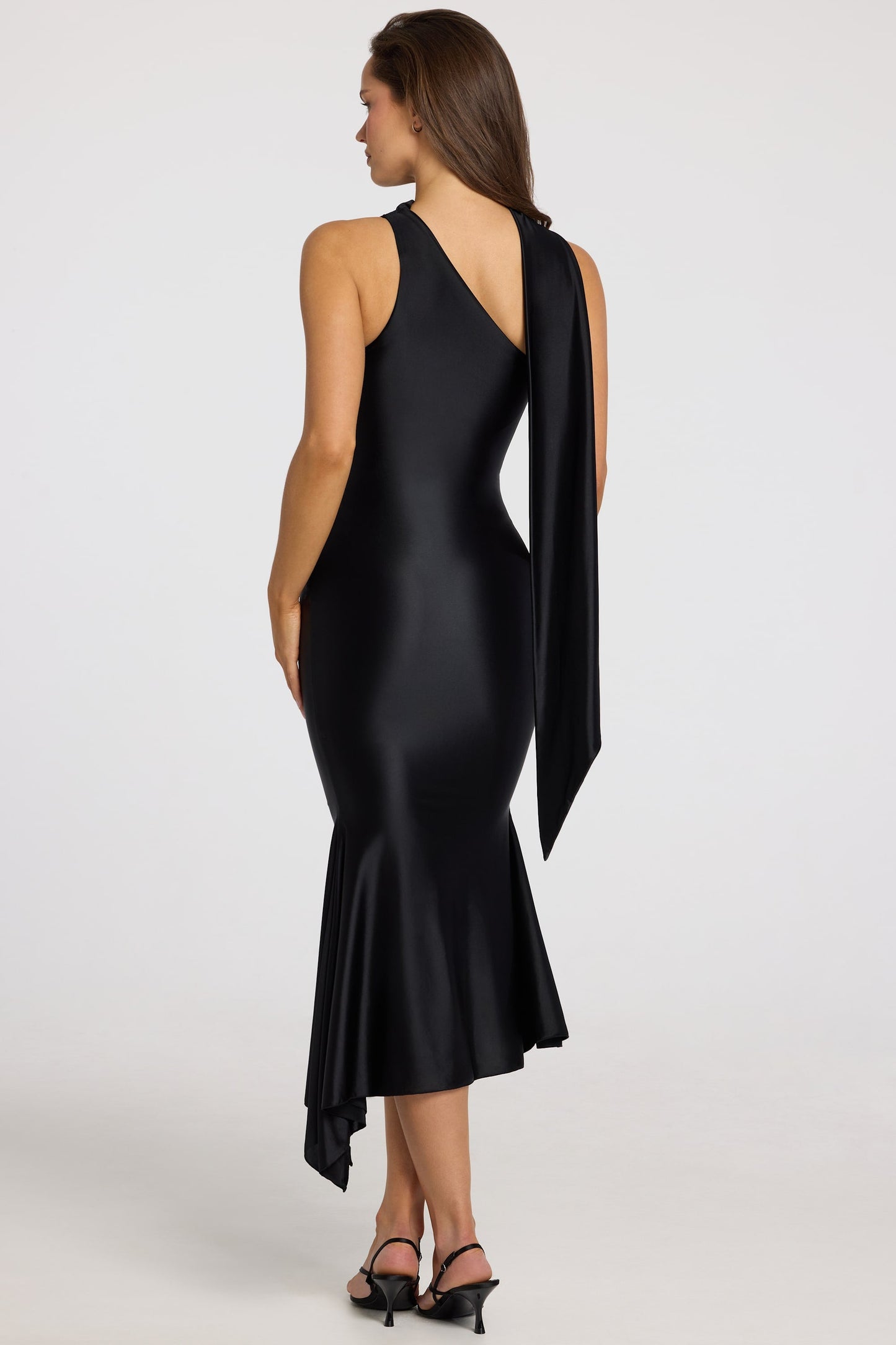 Asymmetric Scarf-Detail Midaxi Dress in Black