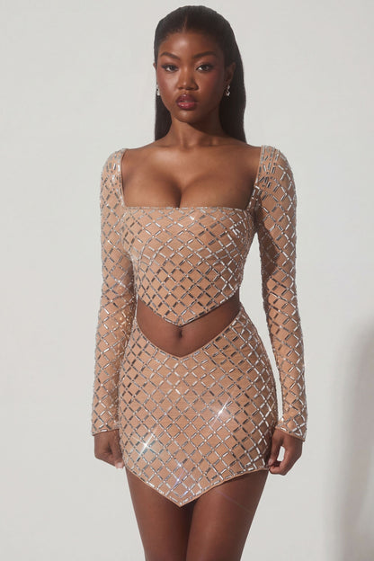 Embellished Asymmetric Crop Top in Almond
