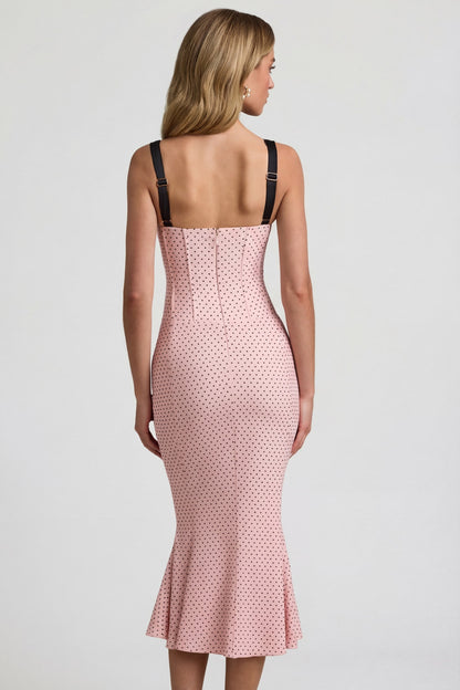 Layered Bra-Detail Fishtail Midaxi Dress in Pink Polka Dot