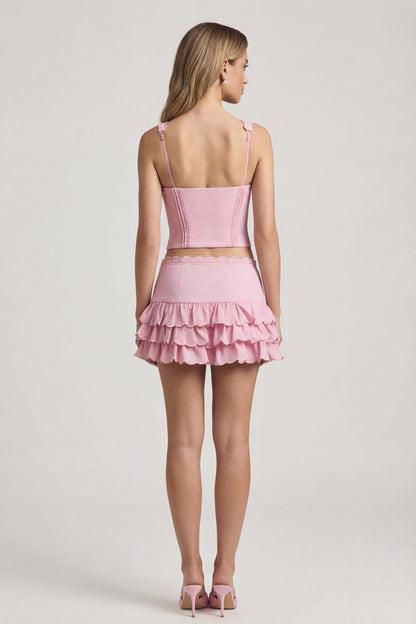 Layered Ruffled Low-Rise Mini Skirt in Soft Pink