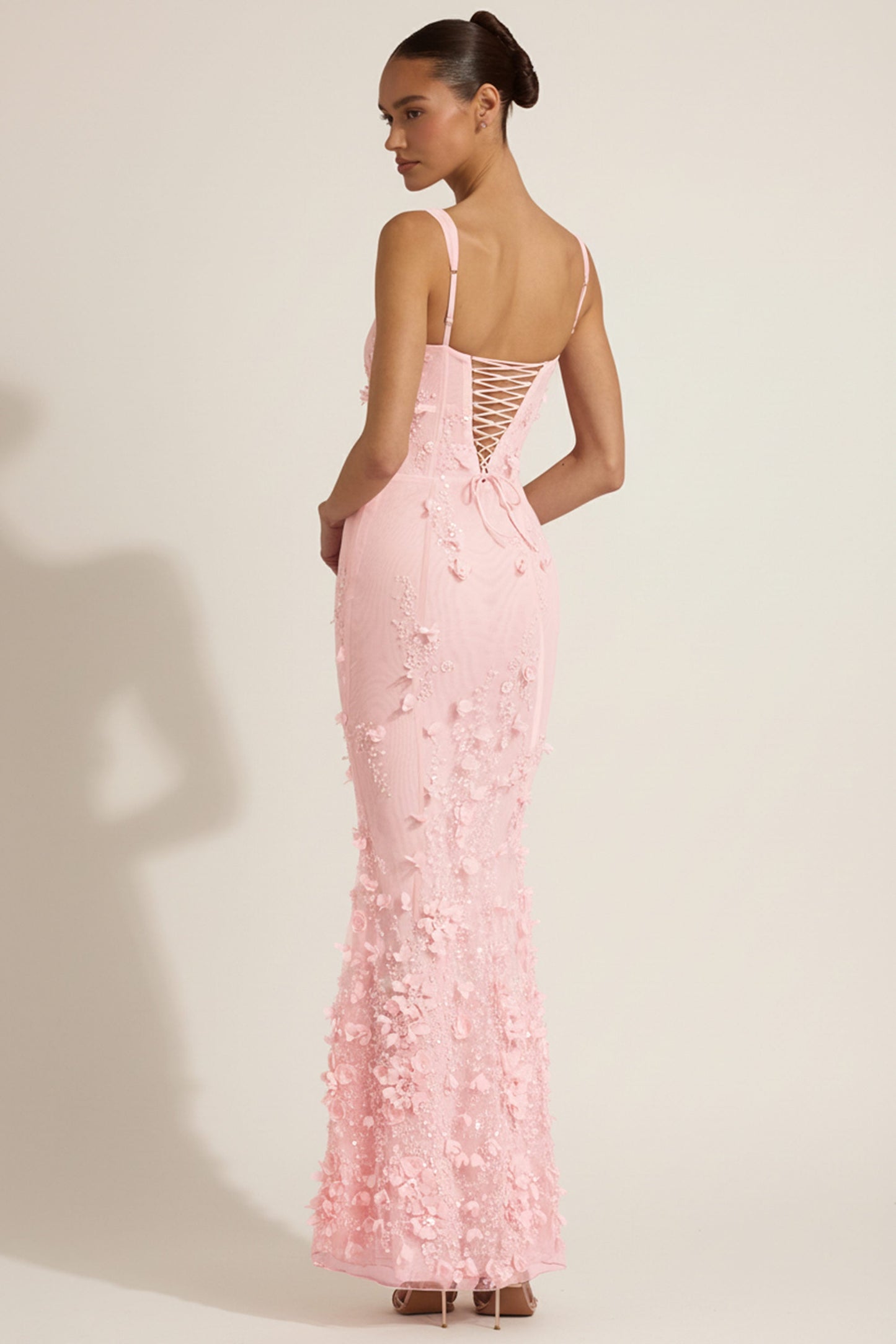 Embellished Appliqué Soft-Scoop Corset Gown in Pink