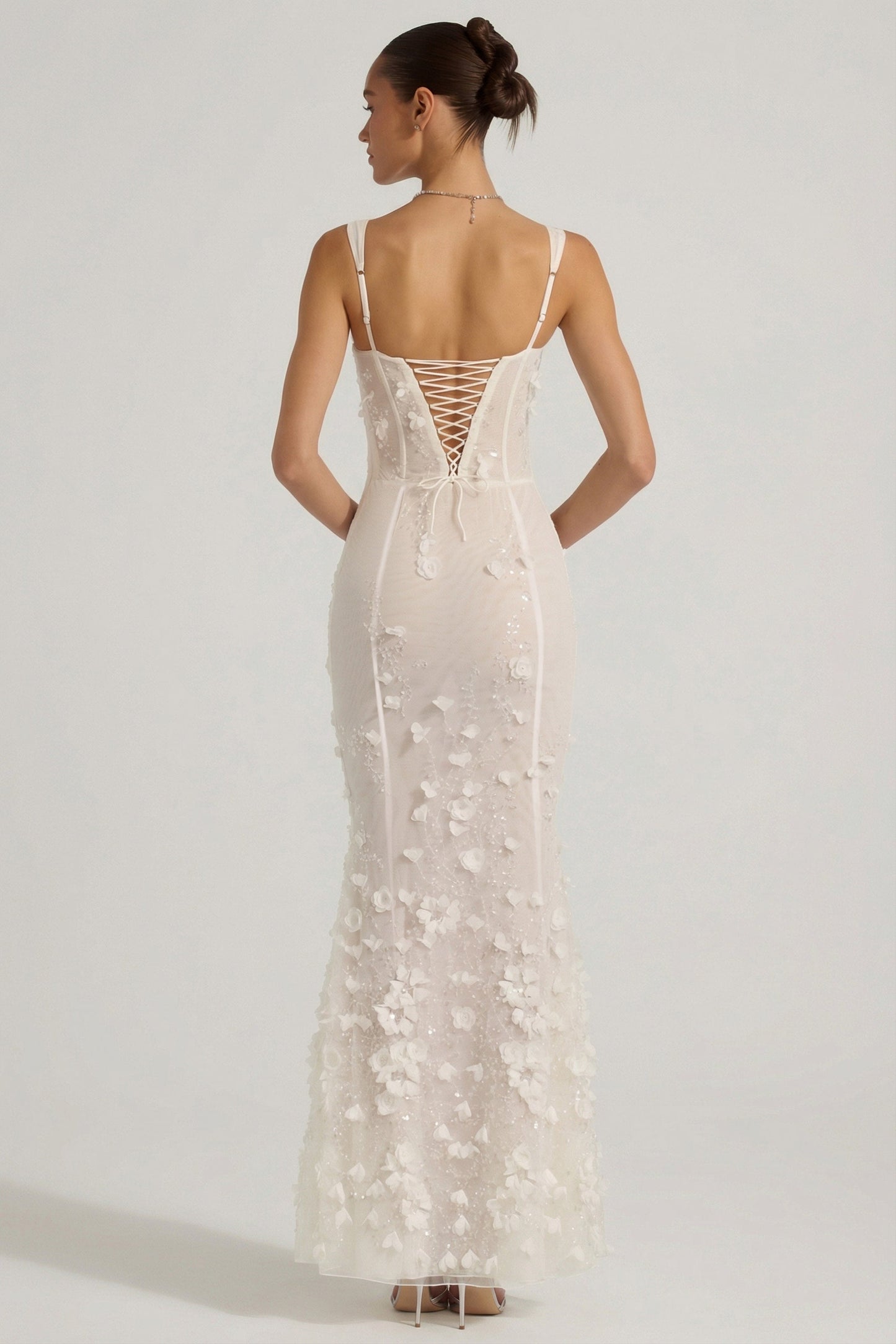 Embellished Appliqué Soft-Scoop Corset Gown in White