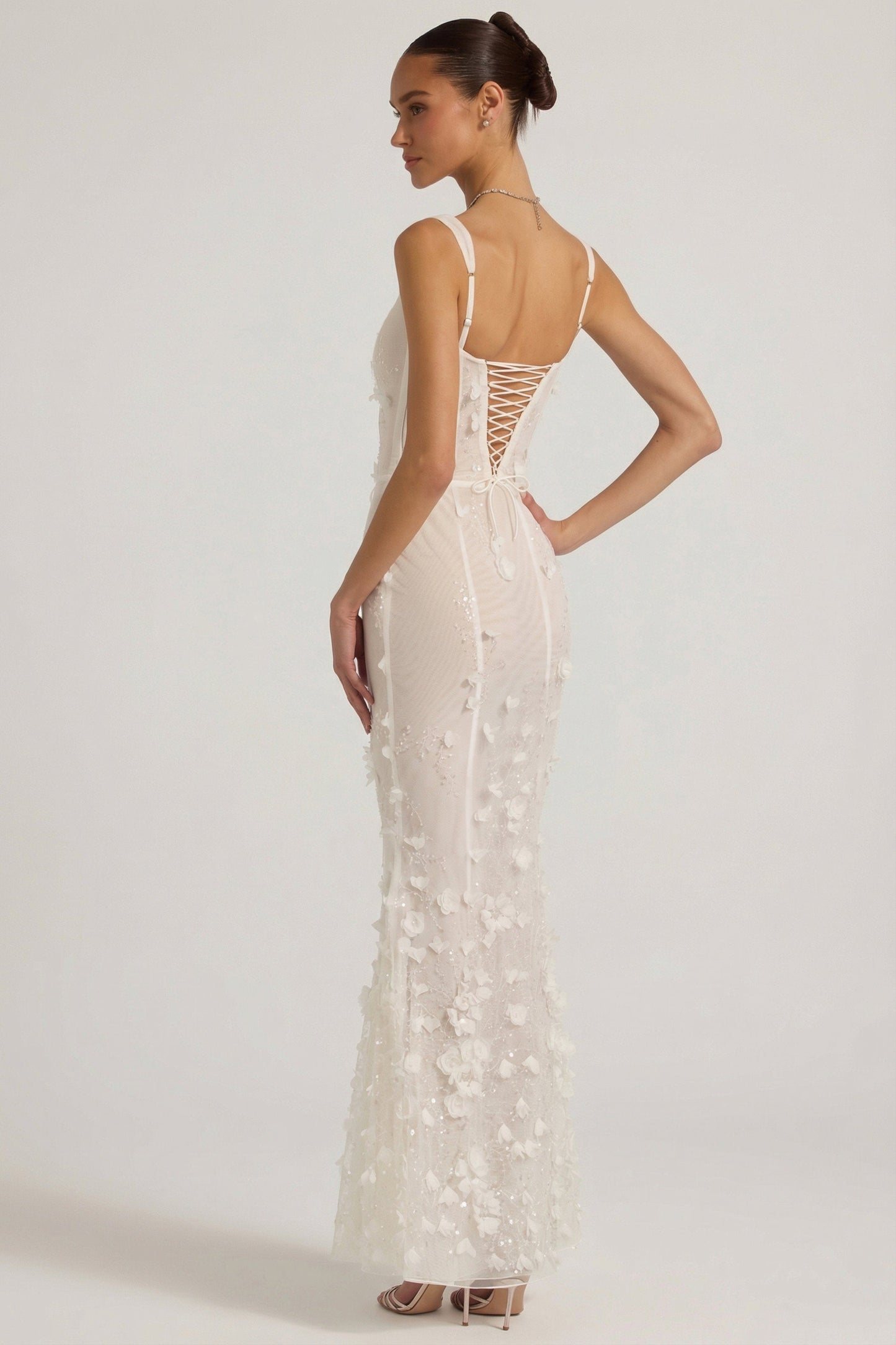 Embellished Appliqué Soft-Scoop Corset Gown in White
