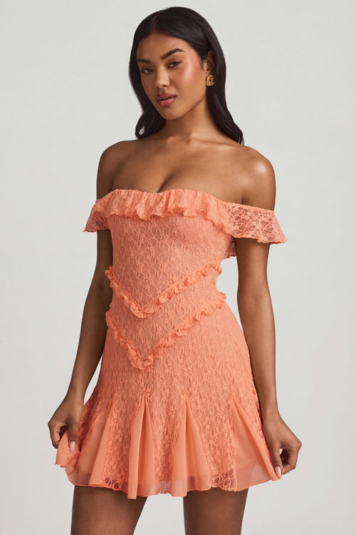 Off-Shoulder Lace A-Line Mini Dress in Peach