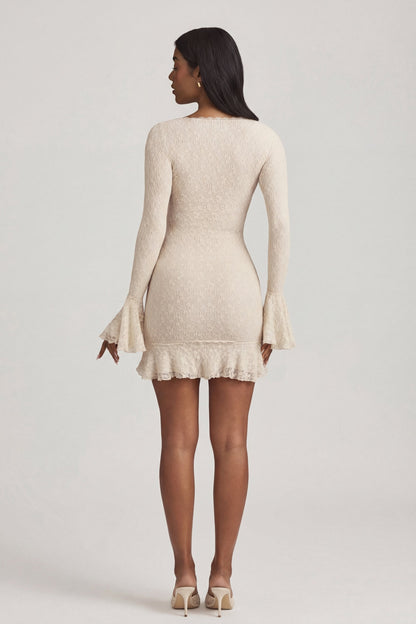 Long-Sleeve Ruffled Lace Mini Dress in Ivory