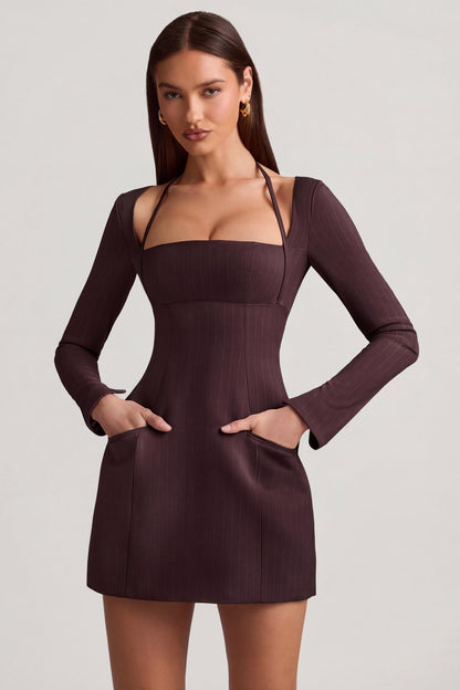 Pinstripe Structured A-Line Mini Dress in Chocolate Brown