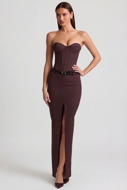Pinstripe Low-Rise Maxi Skirt in Chocolate Brown