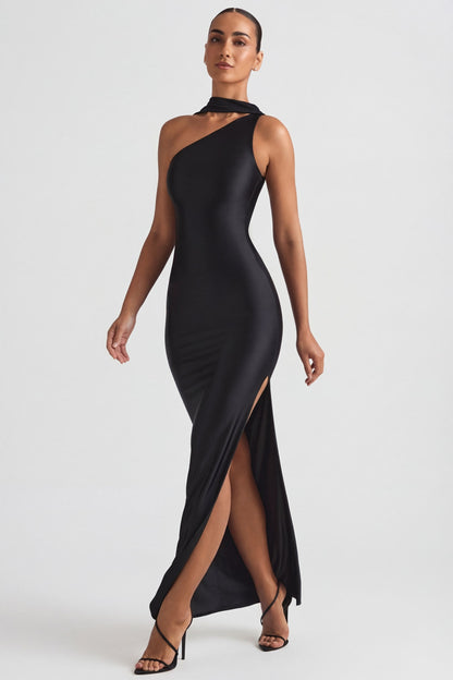 Asymmetric Scarf-Detail Maxi Dress in Black