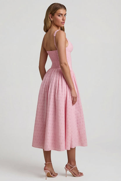 Broderie Anglaise Bow-Detail A-Line Midaxi Dress in Soft Pink