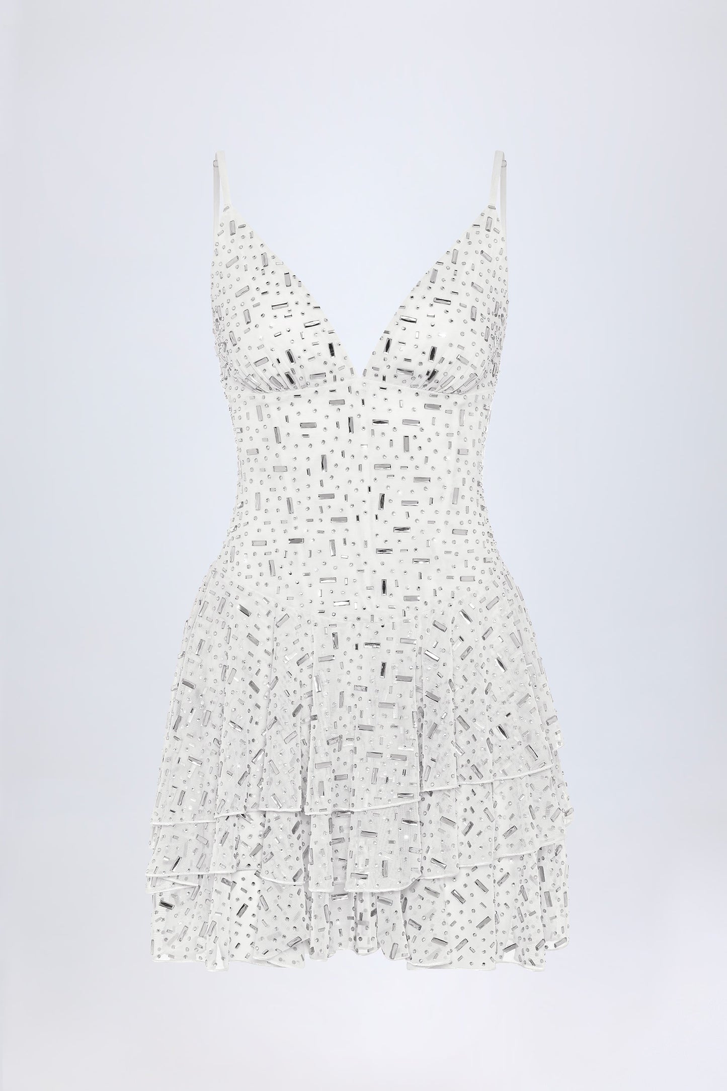 Embellished Ruffled Tiered Mini Dress in White