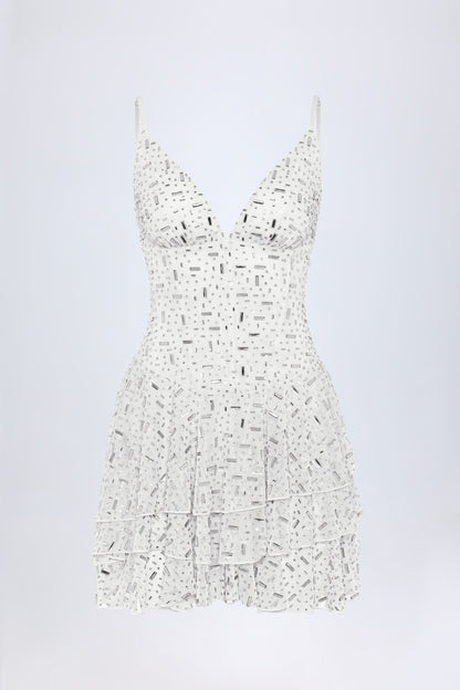 Embellished Ruffled Tiered Mini Dress in White