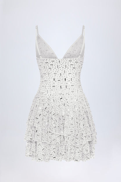 Embellished Ruffled Tiered Mini Dress in White