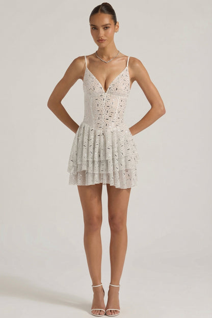 Embellished Ruffled Tiered Mini Dress in White