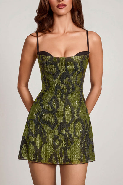 Embellished Cowl Neck A-line Mini Dress in Green Snake