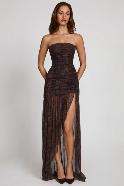 Embellished Bandeau Gathered Maxi Dress in Snake Hotfix