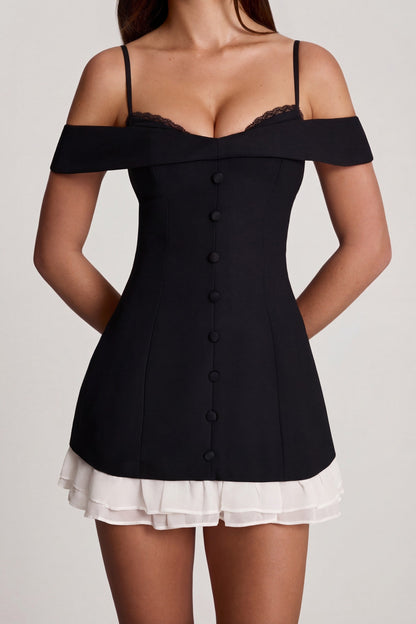 Off-Shoulder Ruffle A-Line Mini Dress in Black