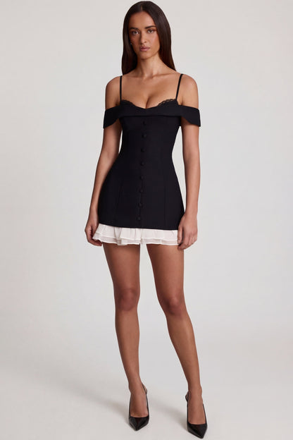 Off-Shoulder Ruffle A-Line Mini Dress in Black