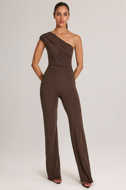 Modal One-Shoulder Jumpsuit in Chocolate Brown
