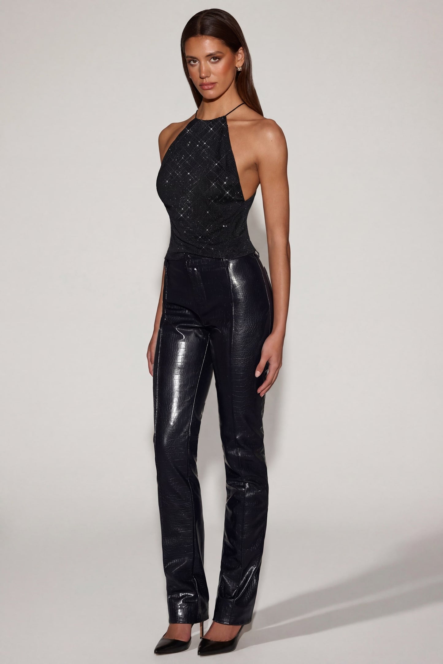 Faux Croc-Leather Straight-Leg Trousers in Black