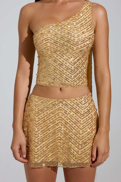 Embellished Low-Rise A-Line Micro Mini Skirt in Gold