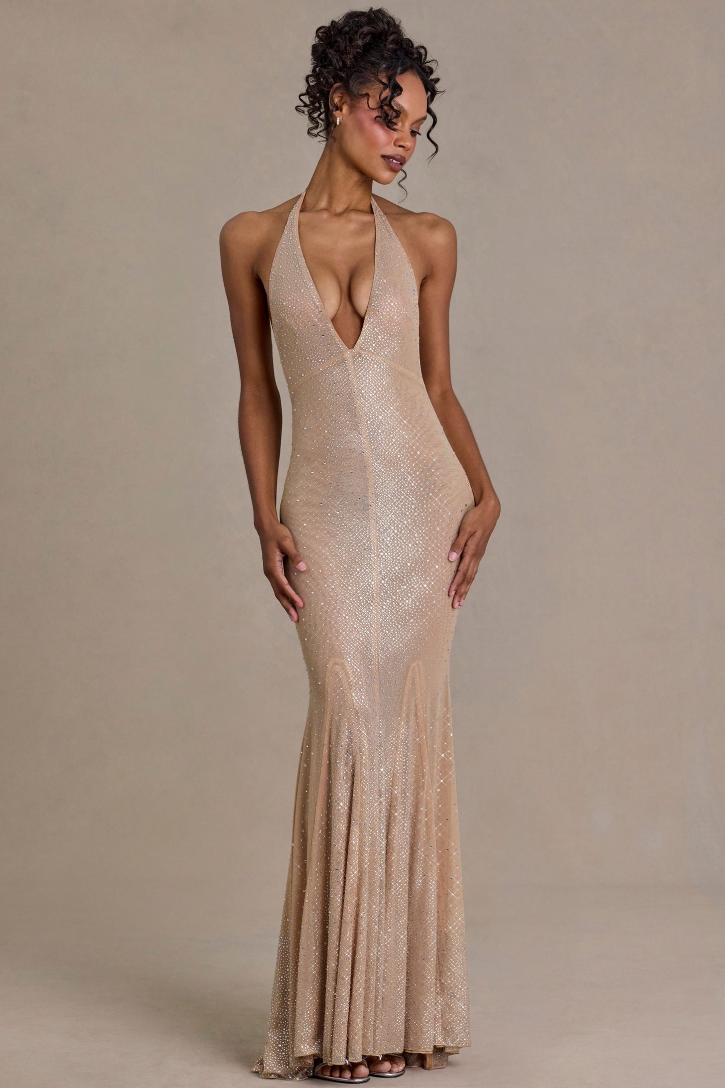 Embellished Plunge-Neck Open-Back Gown in Sand