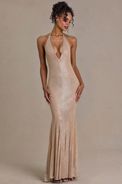 Embellished Plunge-Neck Open-Back Gown in Sand