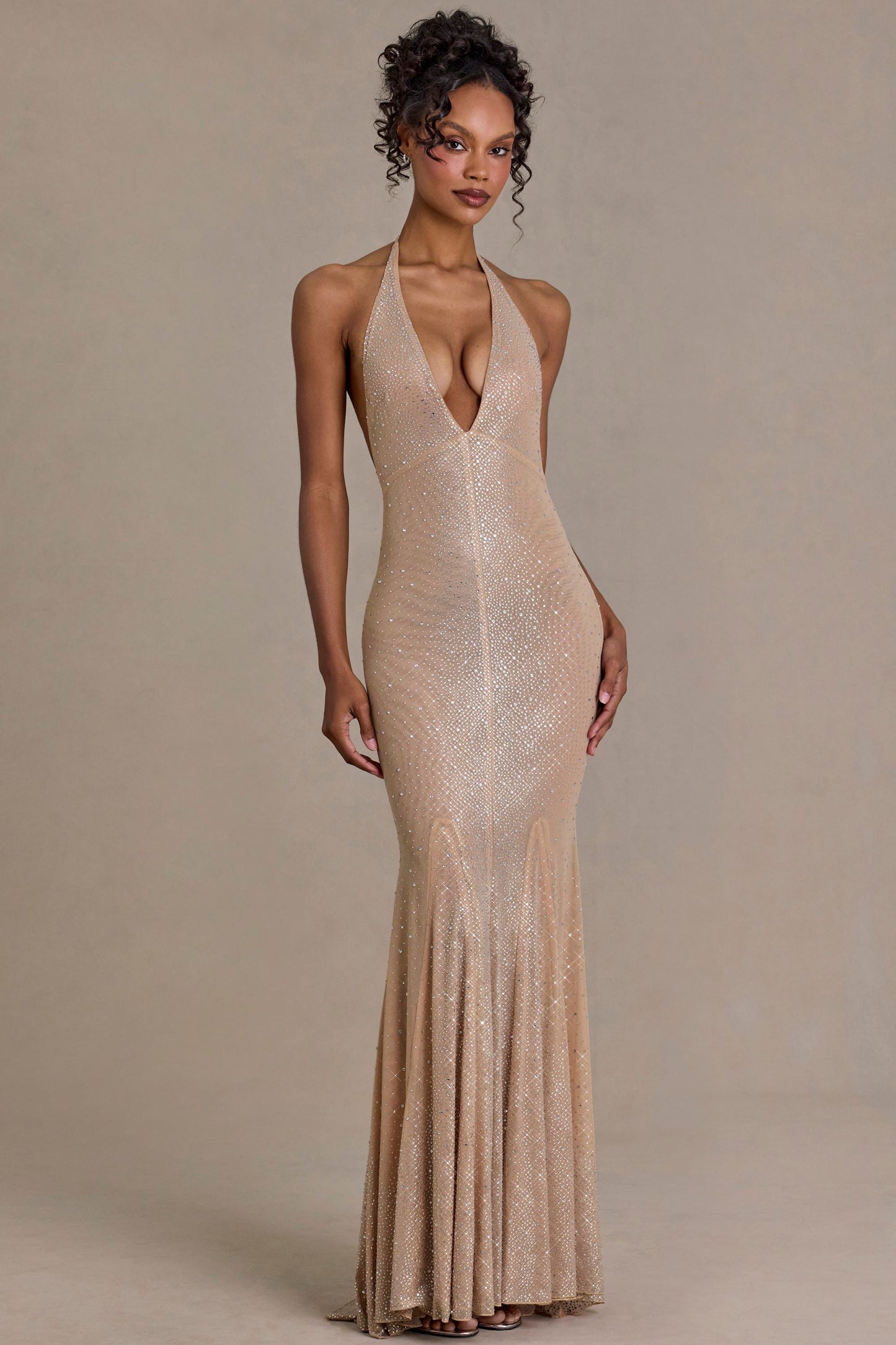 Embellished Plunge-Neck Open-Back Gown in Sand