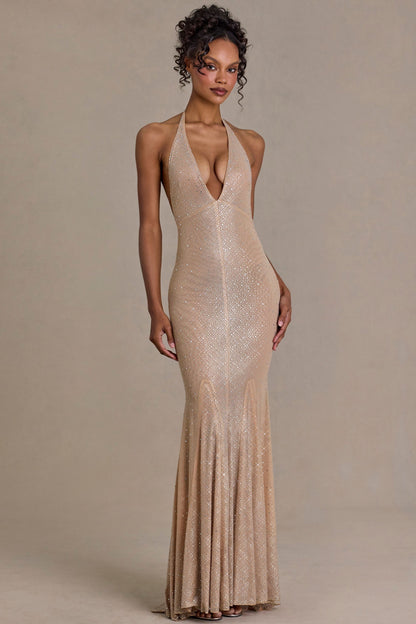 Embellished Plunge-Neck Open-Back Gown in Sand