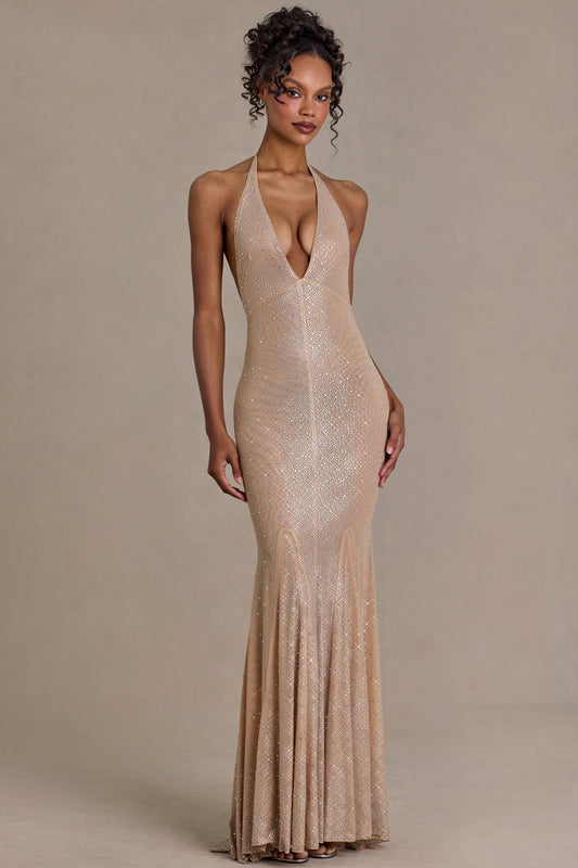 Embellished Plunge-Neck Open-Back Gown in Sand