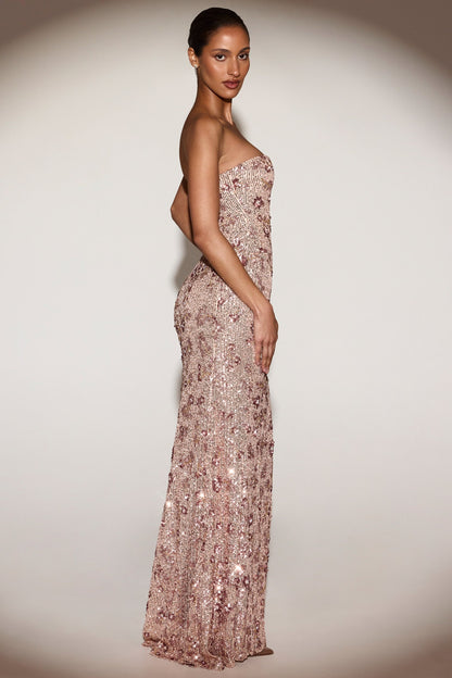 Embellished Bandeau-Neck Strapless Gown in Rose Gold
