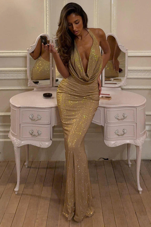 Embellished Cowl-Neck Backless Gown in Gold