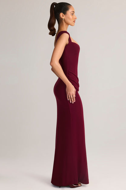 Modal Sweetheart-Neck Cowl-Waist Maxi Dress in Wine