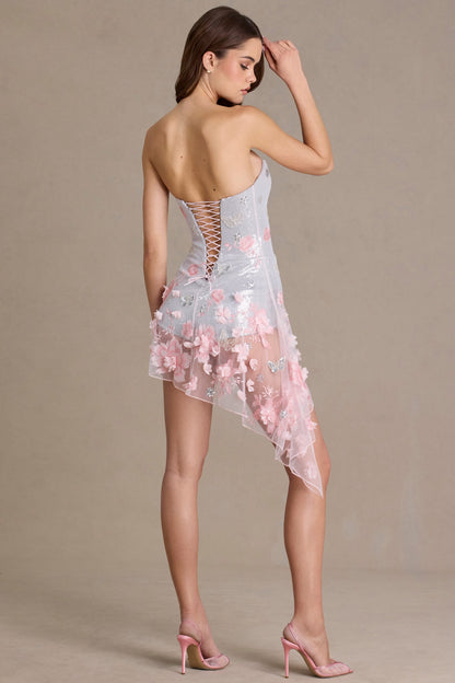 Embellished Tulle Corset Mini Dress in Silver Floral