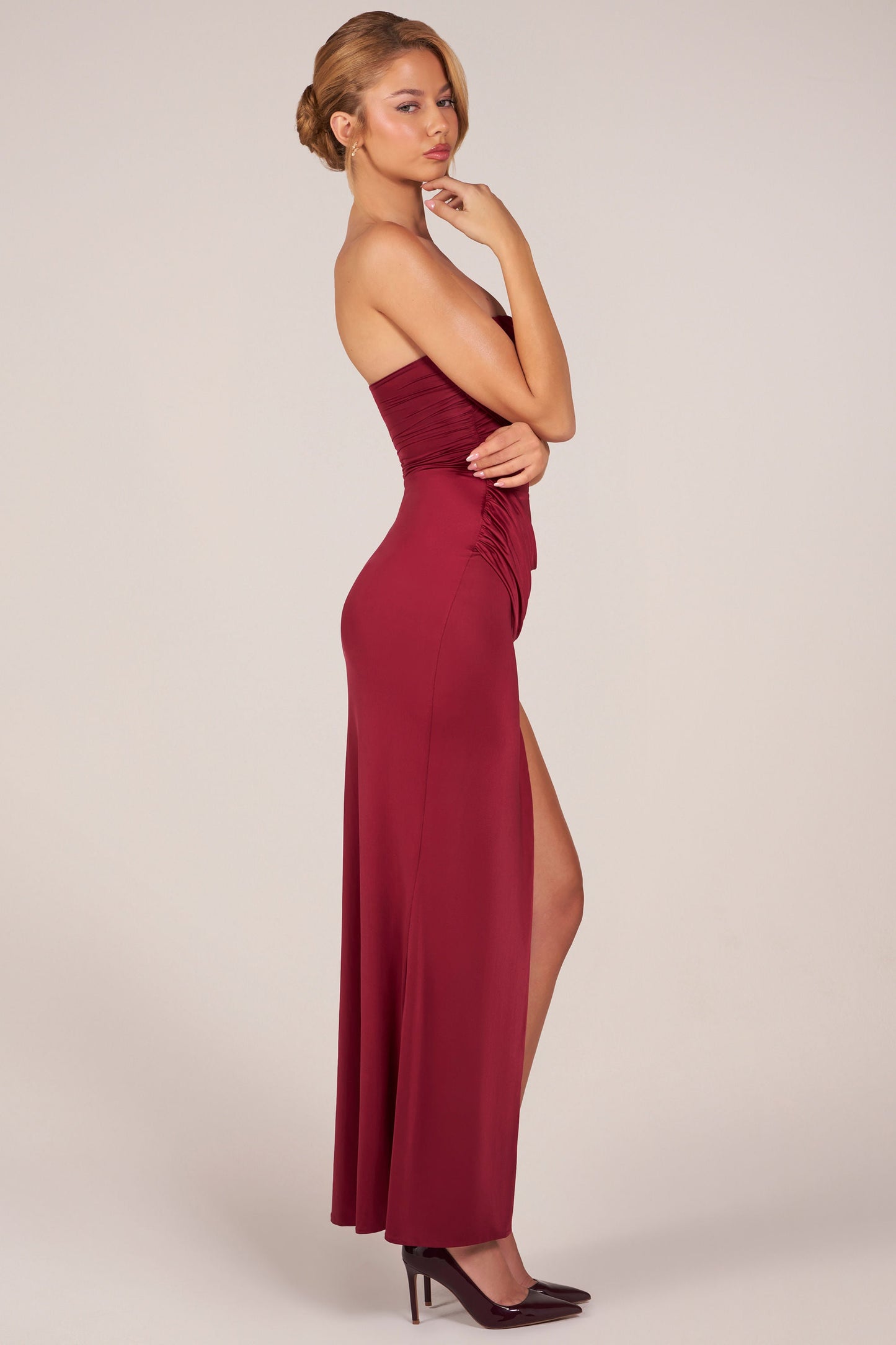 Bandeau Draped Thigh-High Maxi Dress in Wine