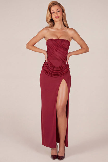 Bandeau Draped Thigh-High Maxi Dress in Wine