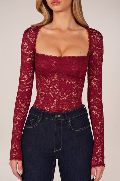 Long-Sleeve Laced Bodysuit in Wine