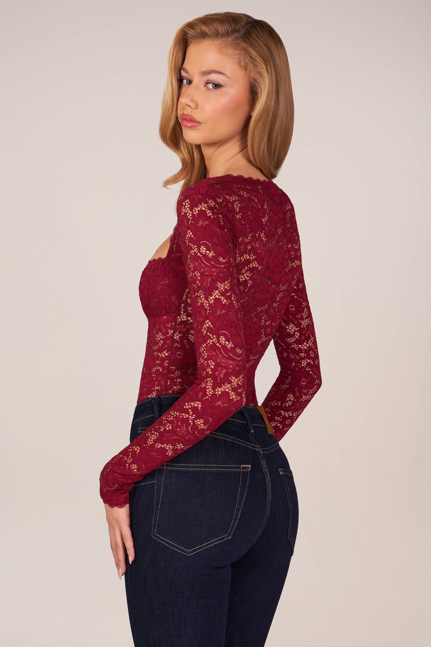 Long-Sleeve Laced Bodysuit in Wine